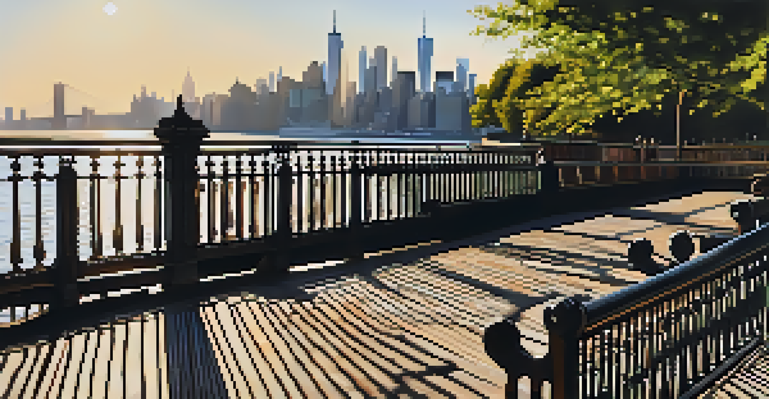 A detailed view of wrought-iron railings and benches on the Brooklyn Heights Promenade, with the East River and Manhattan skyline in soft focus behind.