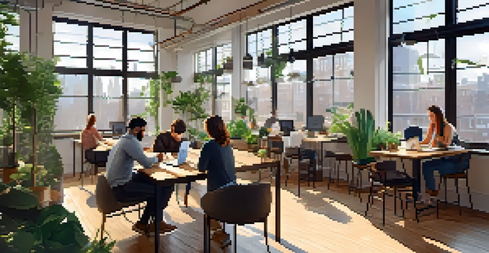 A lively coworking space in New York City with various professionals collaborating at communal tables, surrounded by plants and natural light.