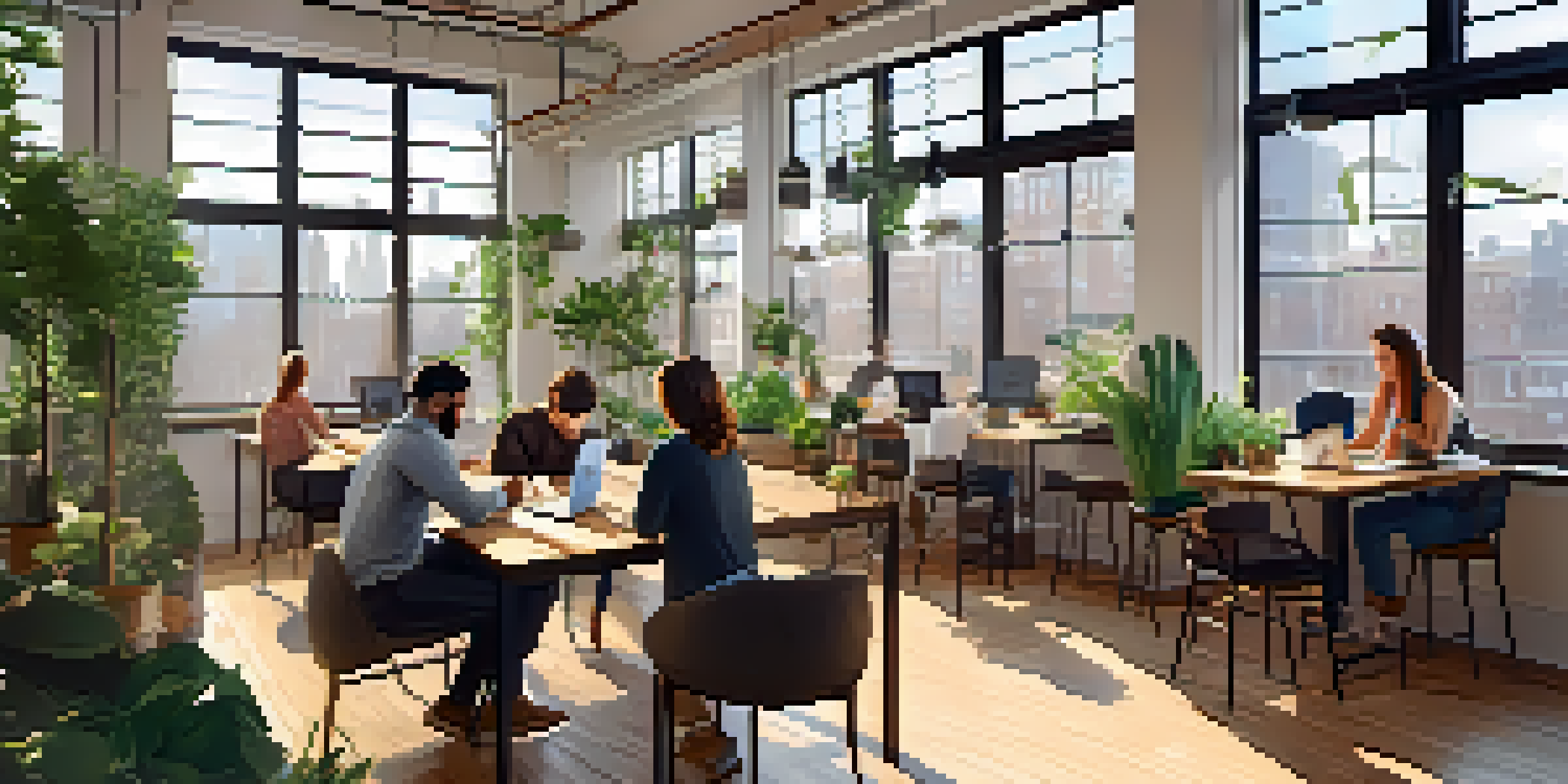 A lively coworking space in New York City with various professionals collaborating at communal tables, surrounded by plants and natural light.