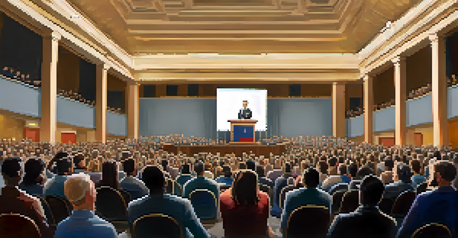 A person at a podium addressing a crowd during a town hall meeting, with a banner that reads 'Your Voice Matters' in the background.