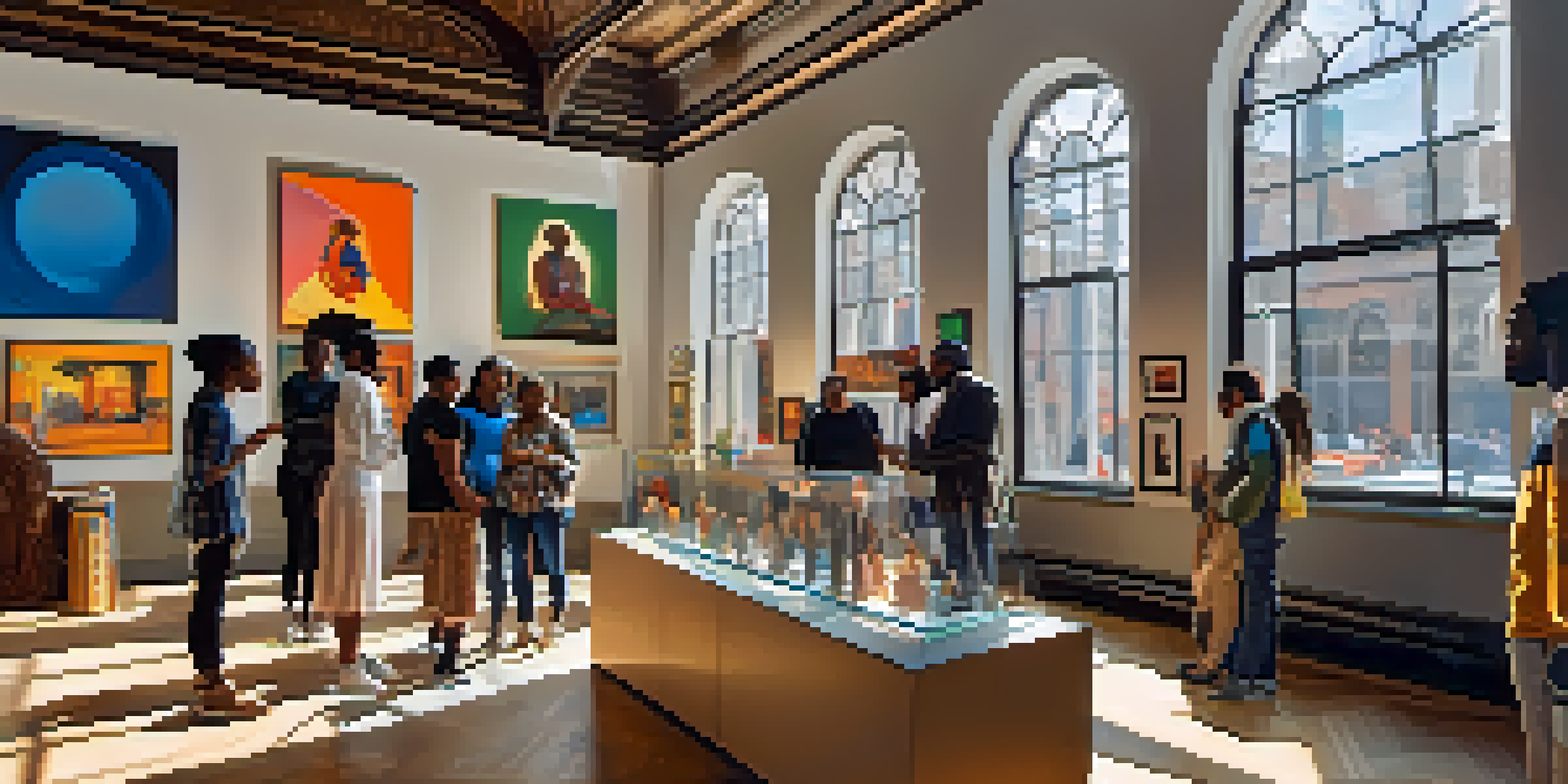 An interior view of a lively Black-owned art gallery in New York City, with diverse artworks displayed and visitors interacting with the art.