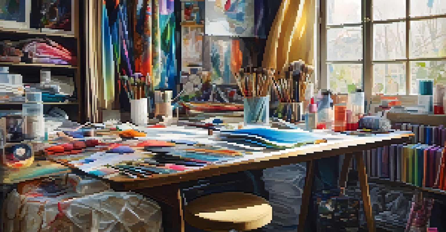 A designer's workspace filled with colorful fabrics, sketches, and art supplies, showcasing the creative process.
