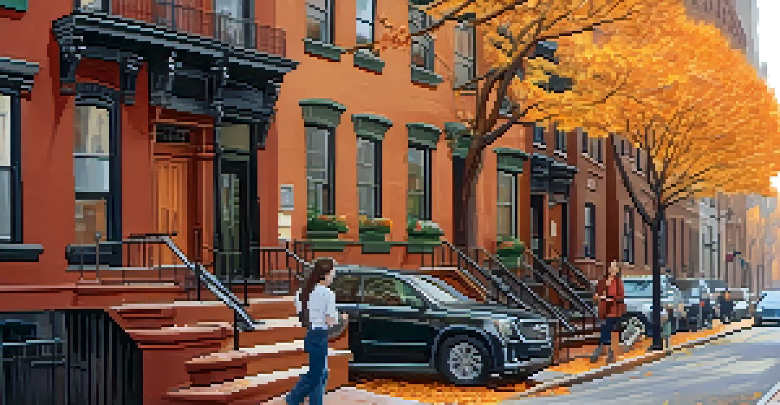 A vibrant street scene in Greenwich Village with brownstones and autumn foliage.