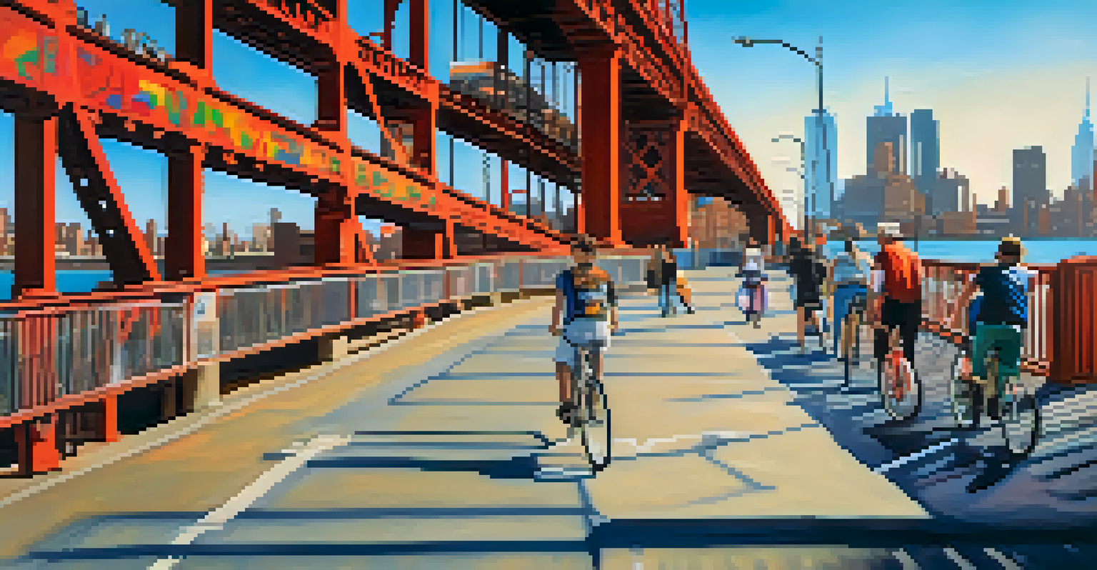 People cycling and walking on the Williamsburg Bridge, surrounded by vibrant street art and a view of the Lower East Side.