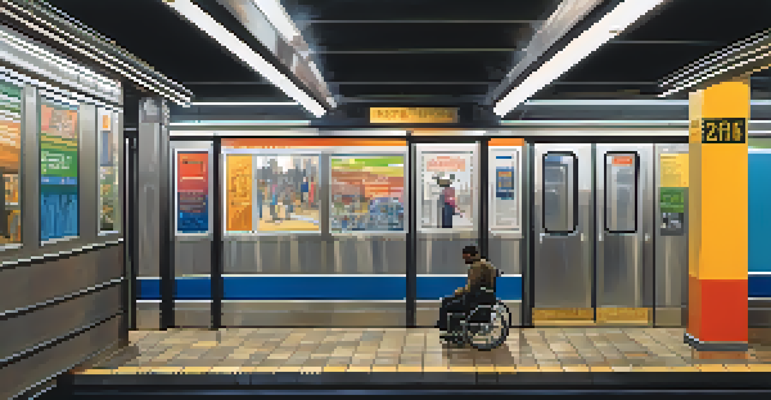 An accessible subway station interior with an elevator, featuring a person in a wheelchair and colorful murals on the walls.