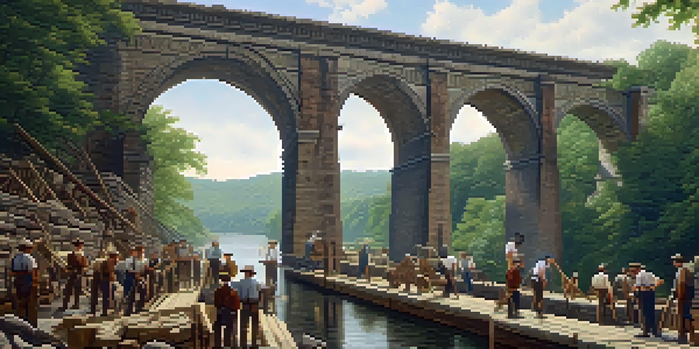 A historical depiction of workers constructing the Croton Aqueduct, surrounded by natural landscape and warm sunlight.