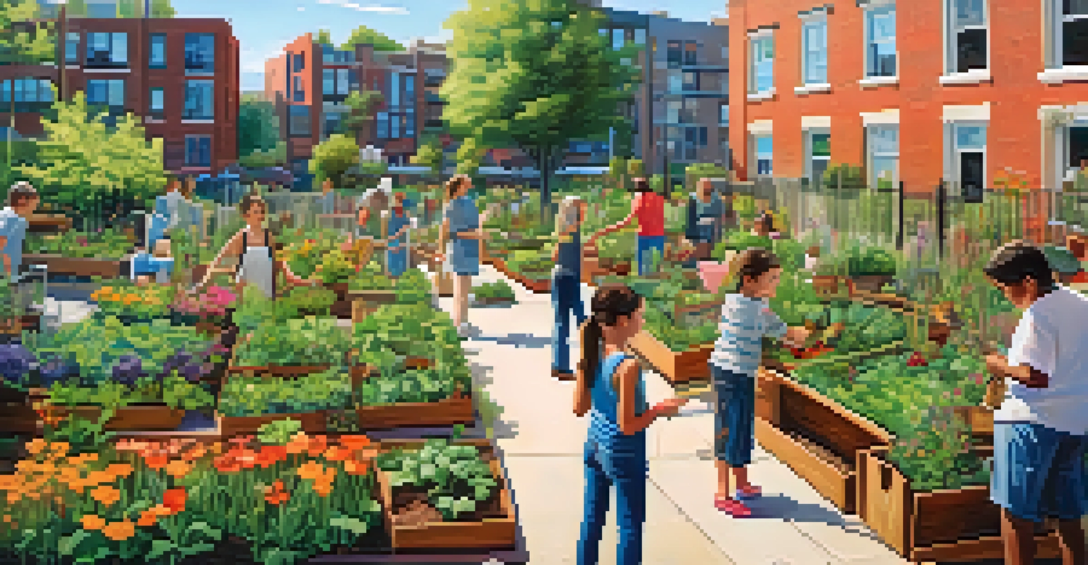 A vibrant community garden in an urban area with diverse residents gardening together under a clear blue sky.