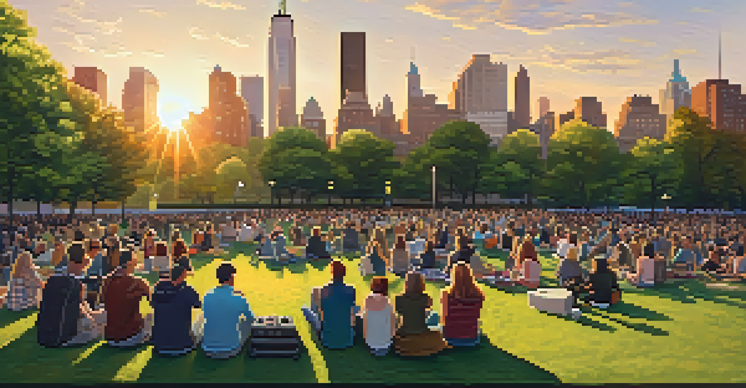 A vibrant outdoor podcasting event in a NYC park with a stage, audience, and city skyline in the background during sunset.