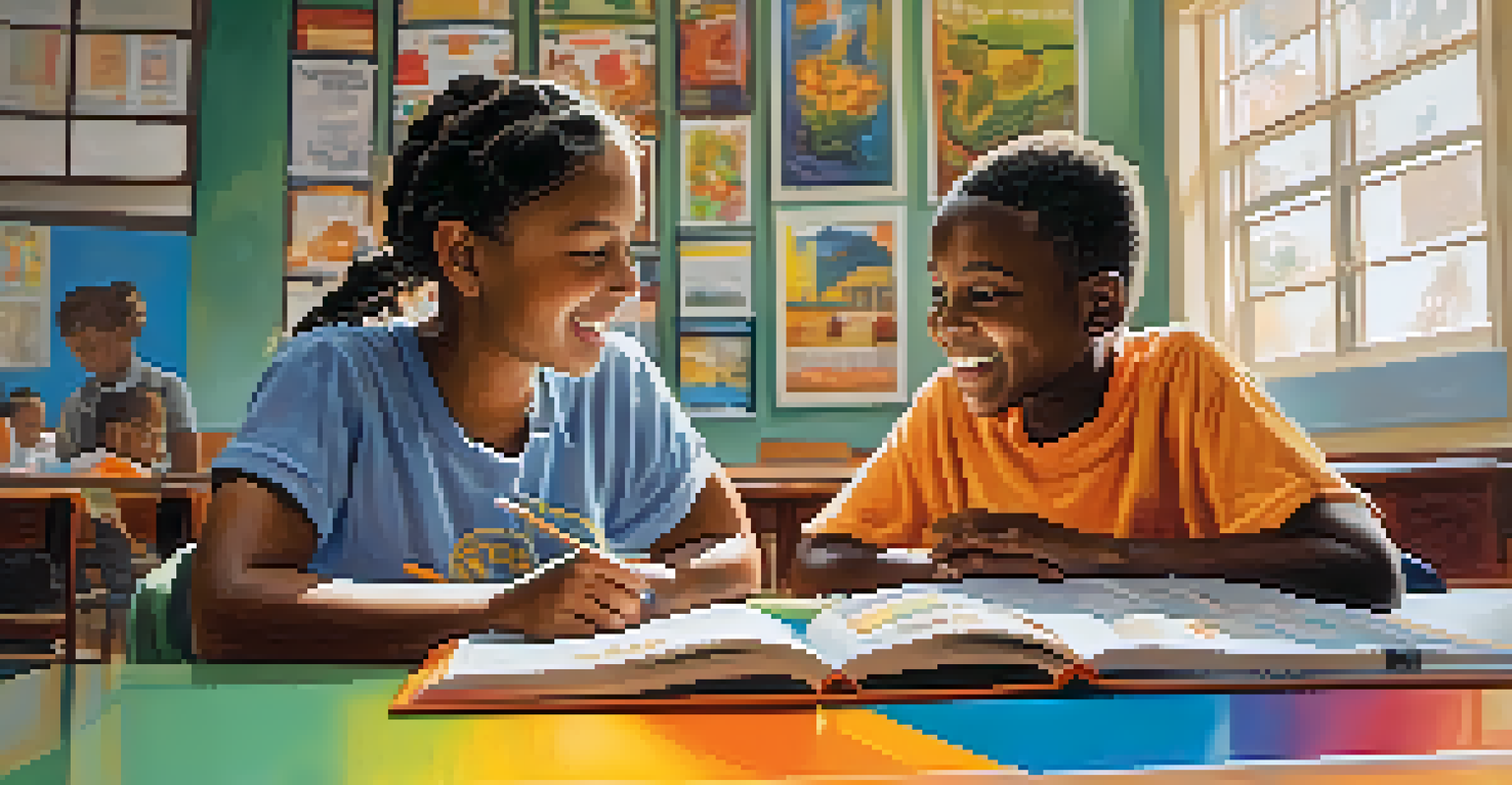 A mentor and a young student engaged in a discussion at a community center, surrounded by educational materials and colorful decor.