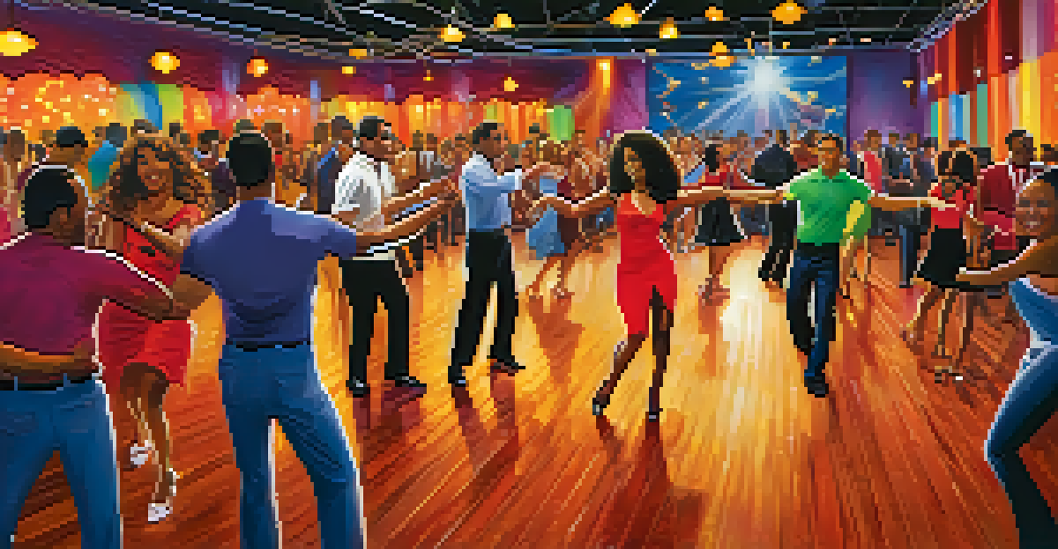 Dancers performing salsa at the New York International Salsa Congress with colorful lights and an enthusiastic audience.