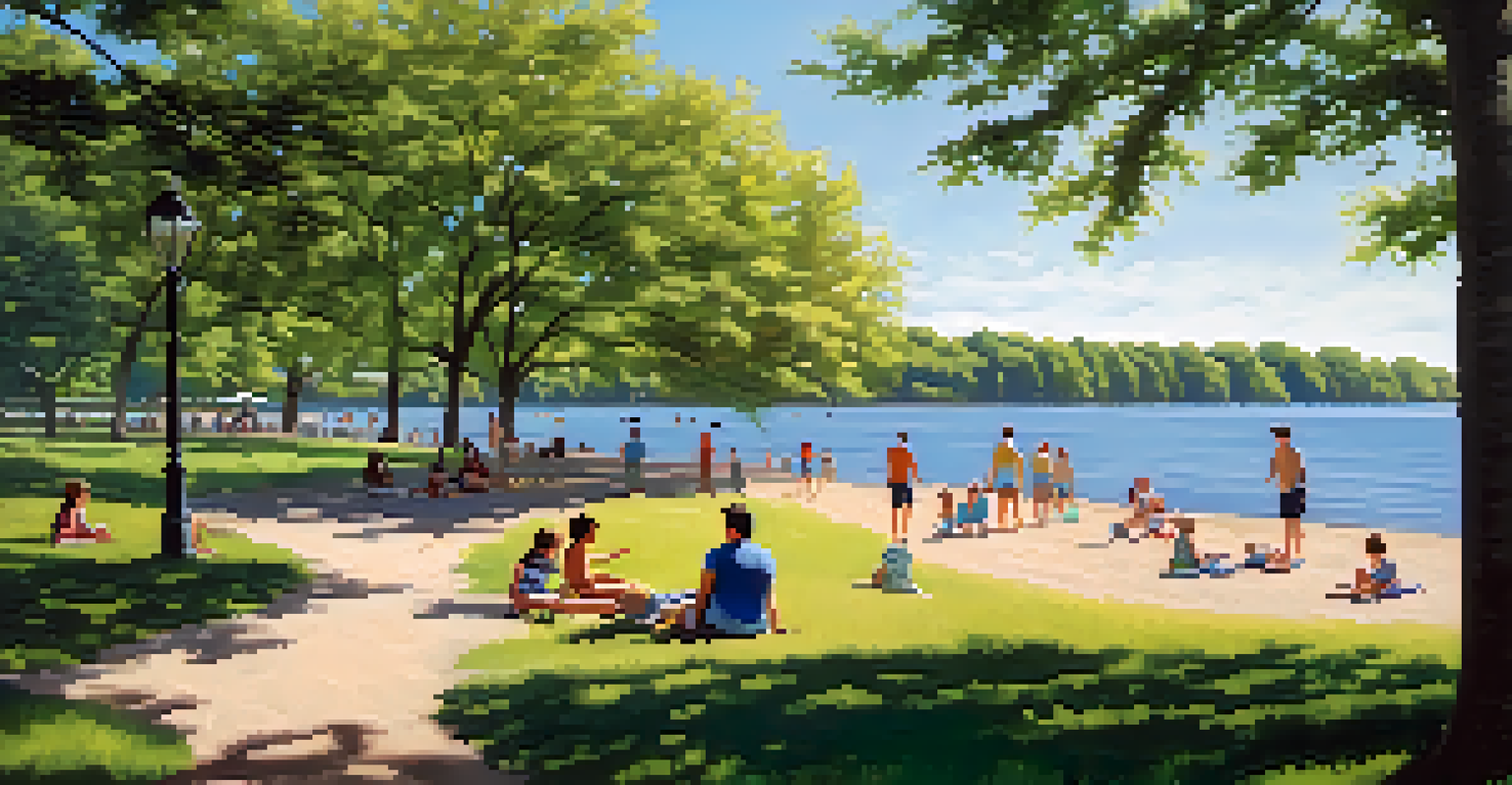 A peaceful scene at Pelham Bay Park in the Bronx, with families enjoying the beach and lush greenery.