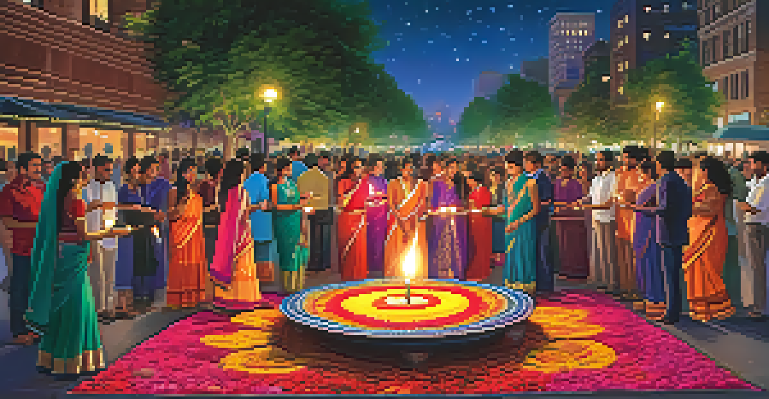 A festive Diwali celebration in New York City with people lighting candles, colorful designs, and fireworks illuminating the night sky.