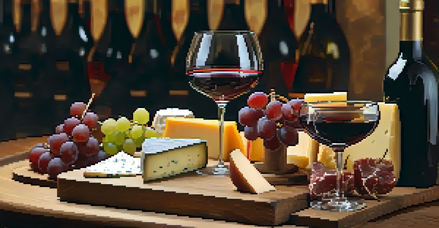A wine tasting setup with glasses of various wines, cheese, and charcuterie on a wooden table in a bustling wine bar.