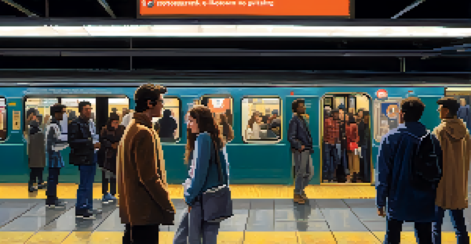 A group of friends waiting at a well-lit subway station in New York City at night, with warm lights and subway signage in the background.