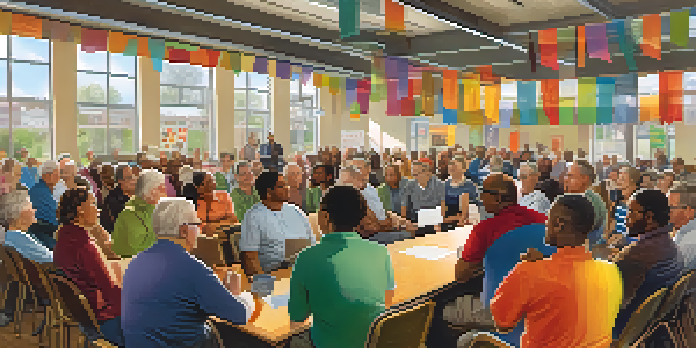 A diverse group of residents participating in a lively town hall meeting, discussing urban planning projects with planners in a bright community center.