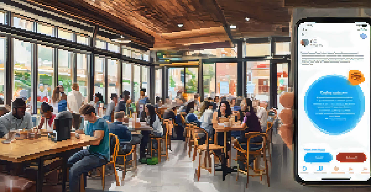 A close-up of a smartphone showing a civic engagement app in a coffee shop environment with people engaged in conversations.