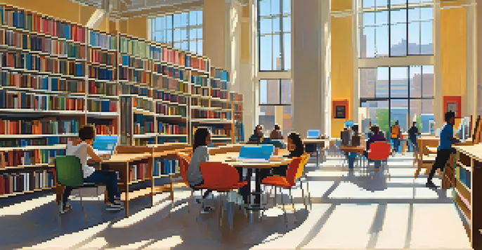 A lively scene inside a public library with diverse individuals reading and using computers, illuminated by natural light.