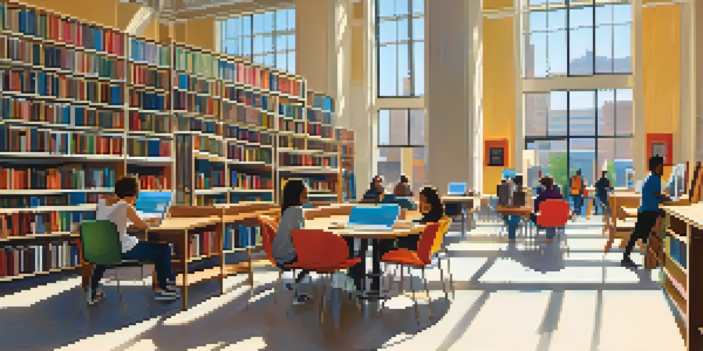 A lively scene inside a public library with diverse individuals reading and using computers, illuminated by natural light.