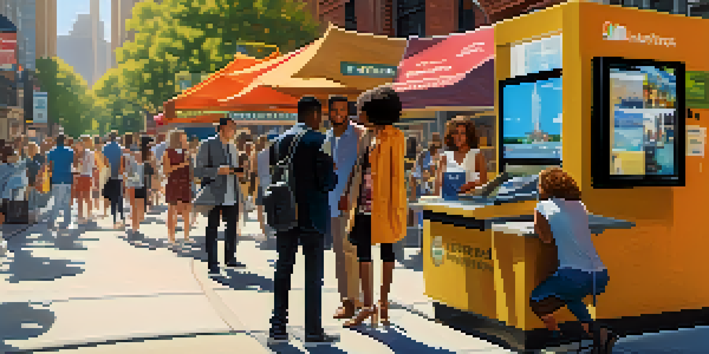 A busy New York City street with people using mobile devices and a civic tech kiosk, surrounded by iconic buildings and sunlight.