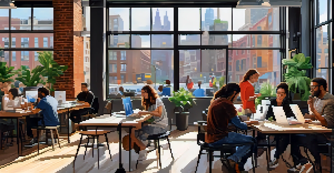 A busy co-working space in NYC with people of different backgrounds working and collaborating, surrounded by modern decor and natural light.