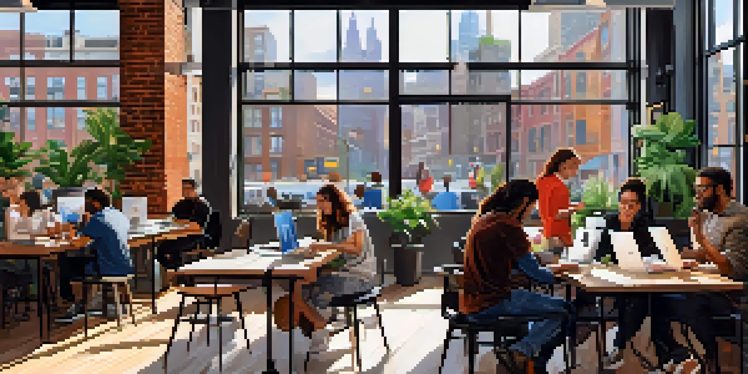 A busy co-working space in NYC with people of different backgrounds working and collaborating, surrounded by modern decor and natural light.