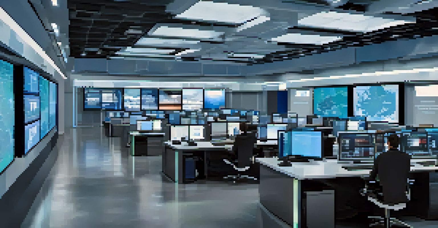 A modern communication center with personnel using headsets and multiple screens showing data and maps during a crisis.