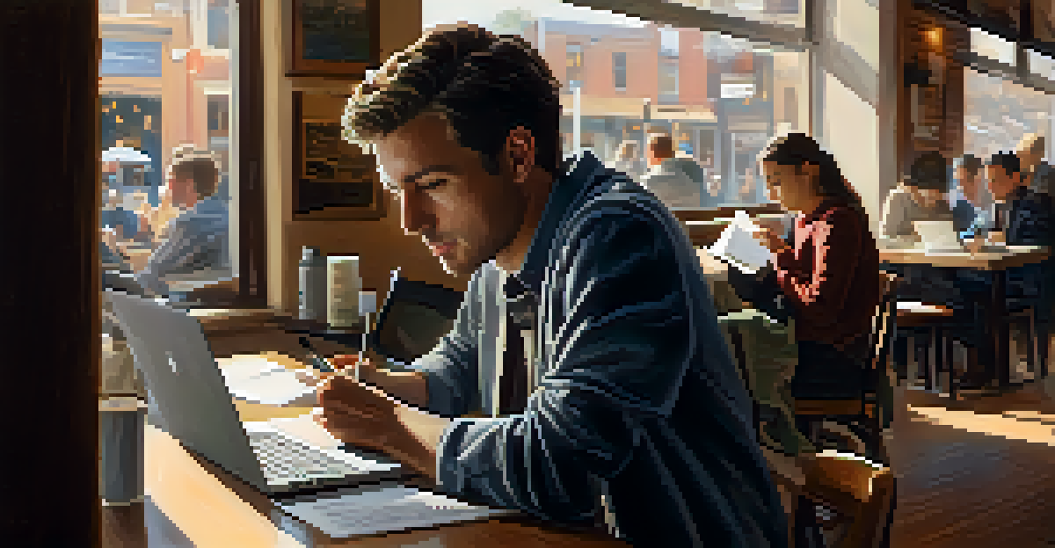 A local journalist working on a laptop in a coffee shop, with a cup of coffee and a notebook, illuminated by natural light.