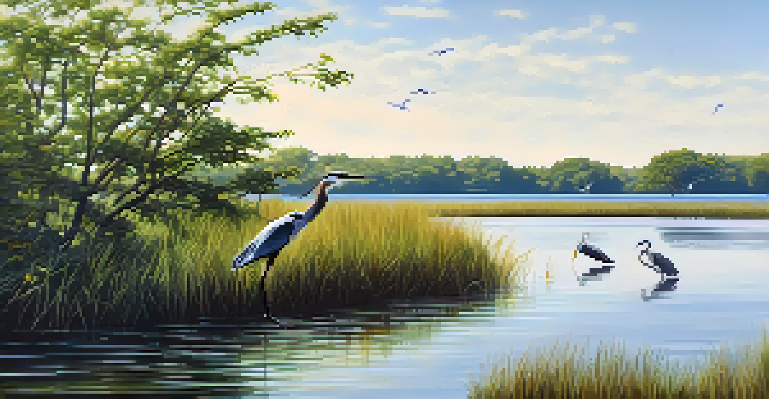 A peaceful waterfront scene at Jamaica Bay Wildlife Refuge featuring a heron standing in water with egrets and ospreys in the background.