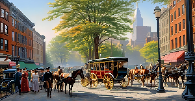 A historical street scene in 19th-century New York City with horse-drawn omnibuses and streetcars, featuring people in period clothing and sunlight filtering through trees.