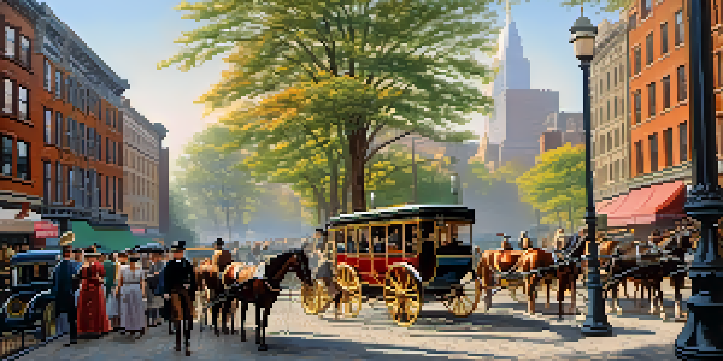 A historical street scene in 19th-century New York City with horse-drawn omnibuses and streetcars, featuring people in period clothing and sunlight filtering through trees.
