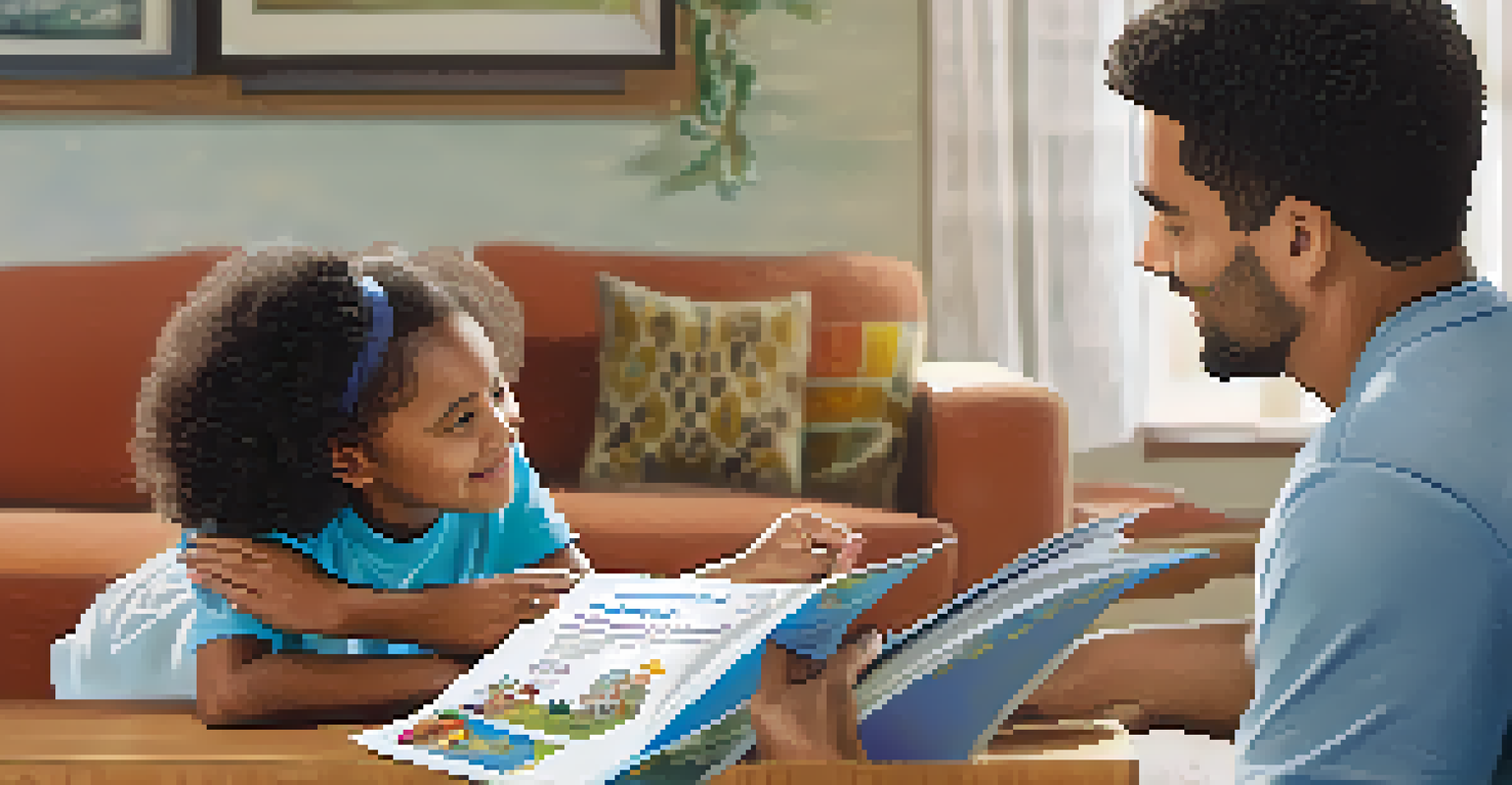 A parent and child discussing school options while looking at a charter school brochure in a cozy living room.