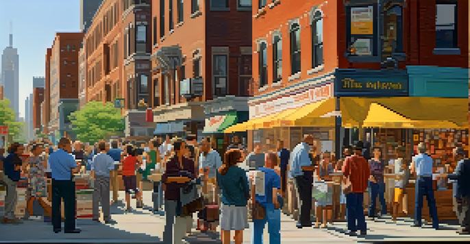 A lively street scene in a NYC neighborhood where reporters interview residents amidst colorful storefronts and a community event.