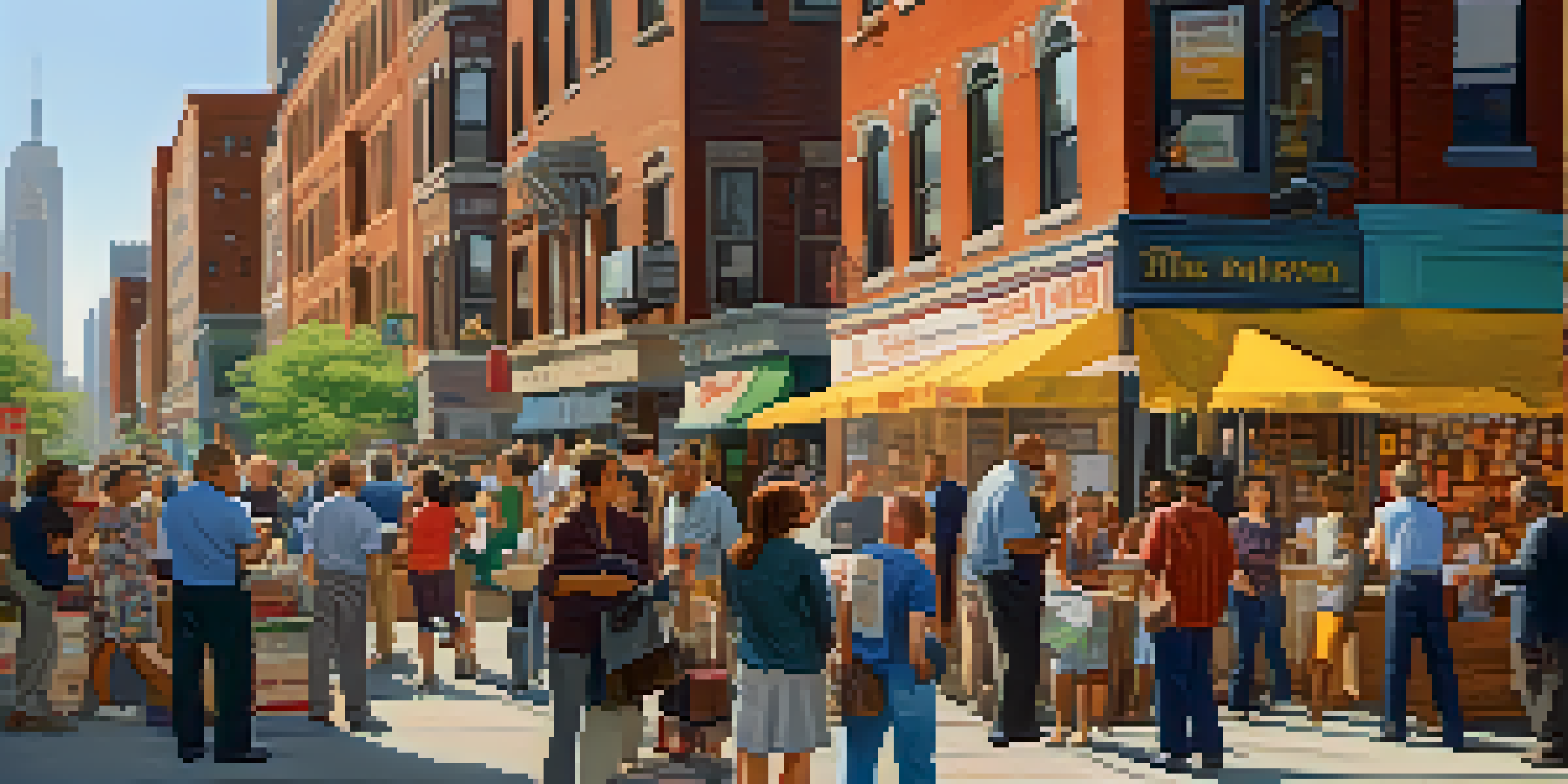 A lively street scene in a NYC neighborhood where reporters interview residents amidst colorful storefronts and a community event.