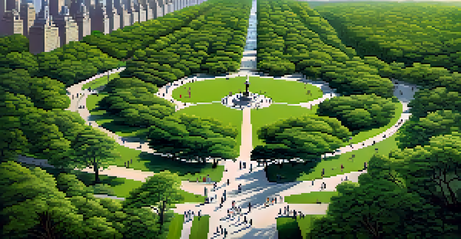 Aerial view of Central Park filled with greenery and visitors, framed by the skyline of New York City.