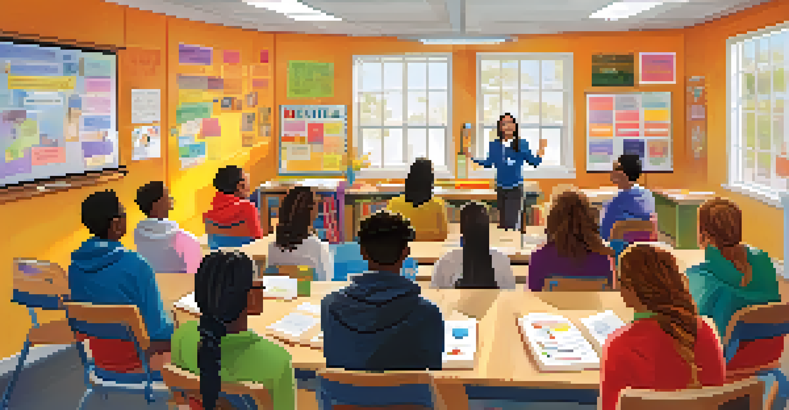A school counselor conducting a mental health workshop with high school students in a bright classroom filled with inspirational posters.
