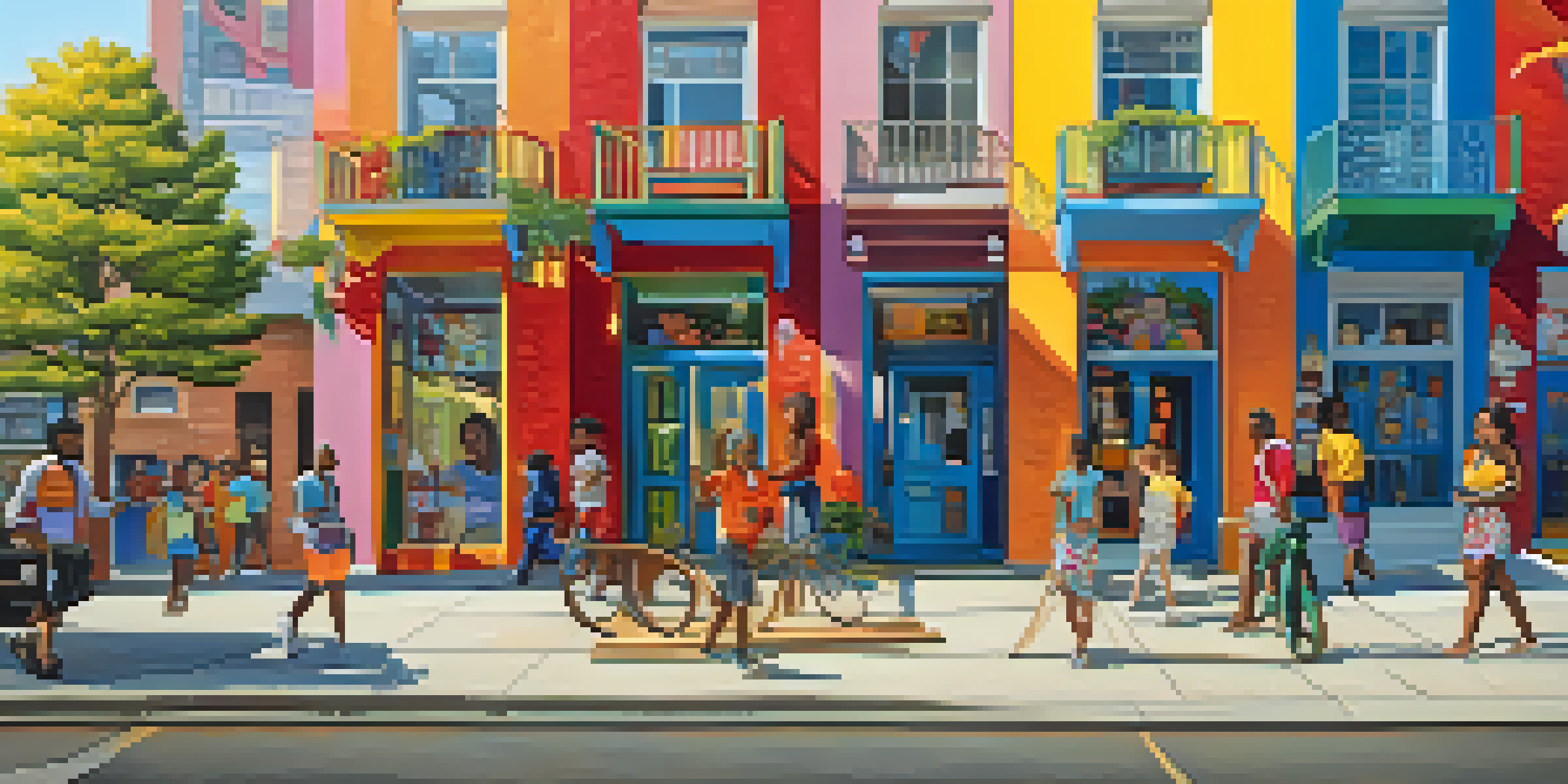 A colorful mural showcasing diverse figures and cultural elements, representing the history of a neighborhood, with trees and buildings in the background.
