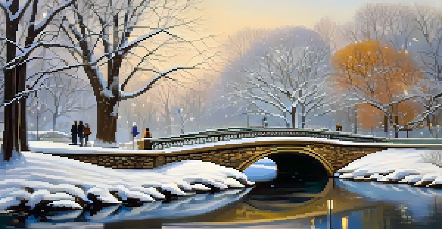 A winter scene in Central Park with snow-covered Bow Bridge and people walking across, surrounded by frosted trees.