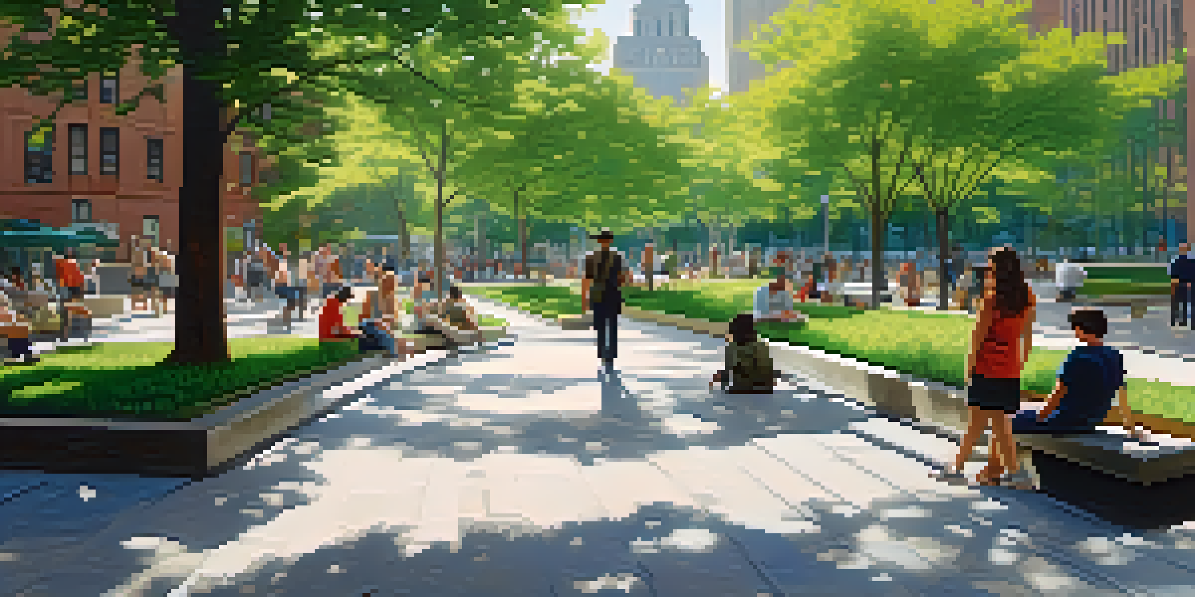 A lively urban park in New York City with people enjoying the space, green roofs, and permeable pavements under soft sunlight.