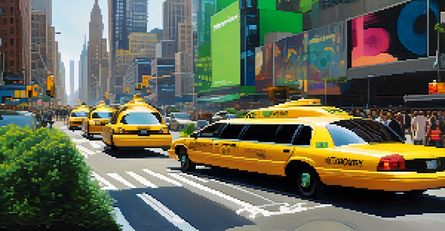 A futuristic New York City scene with autonomous electric taxis and innovative architecture, featuring green spaces and busy pedestrians.
