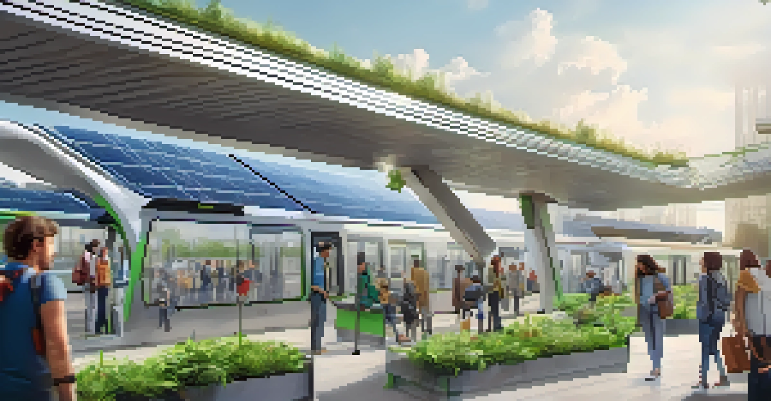 A modern transit station featuring solar panels and greenery, with commuters using mobile apps for public transport.