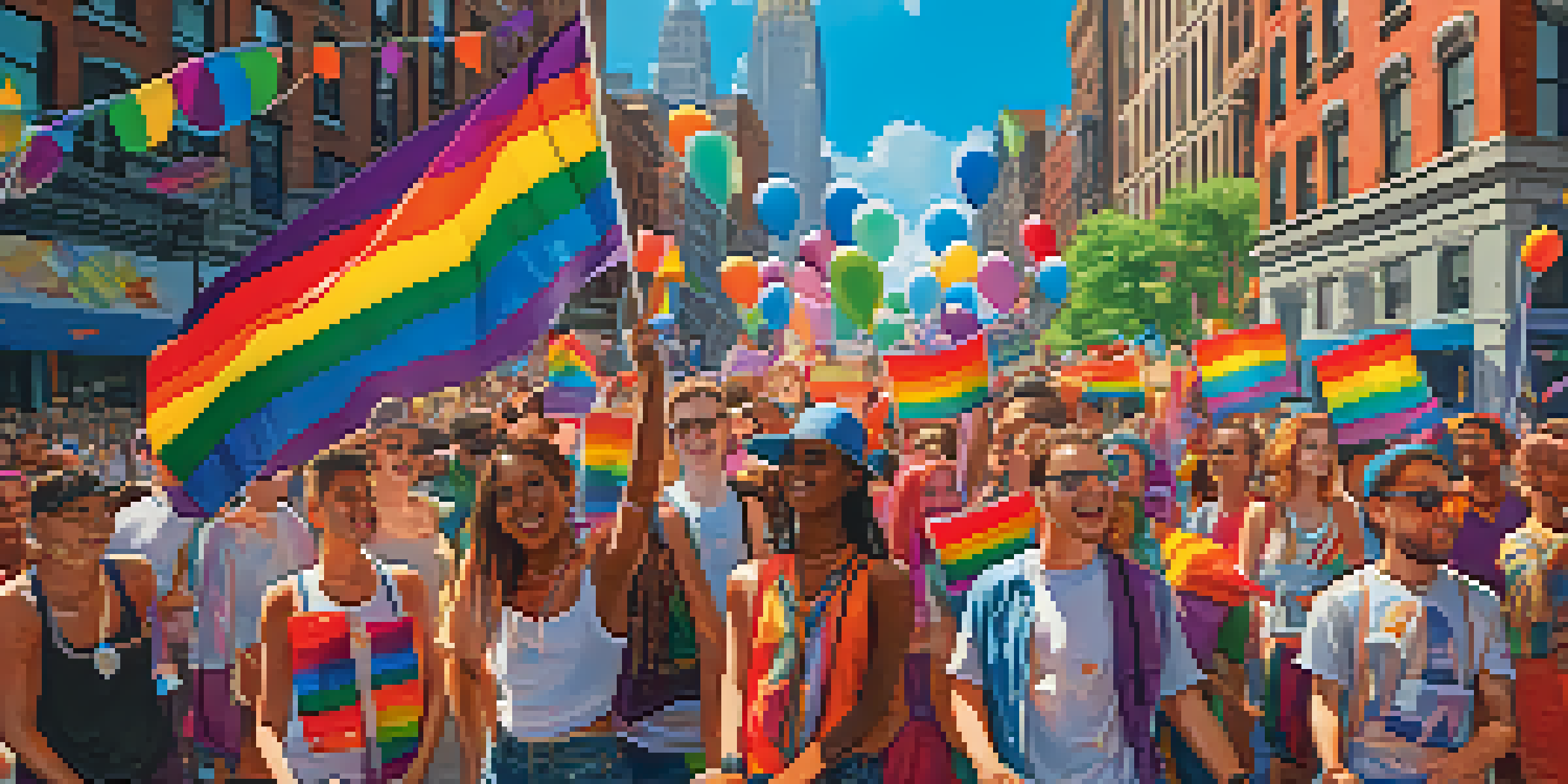 A lively street filled with diverse LGBTQ+ youth celebrating during a Pride March in New York City, holding colorful flags and banners.