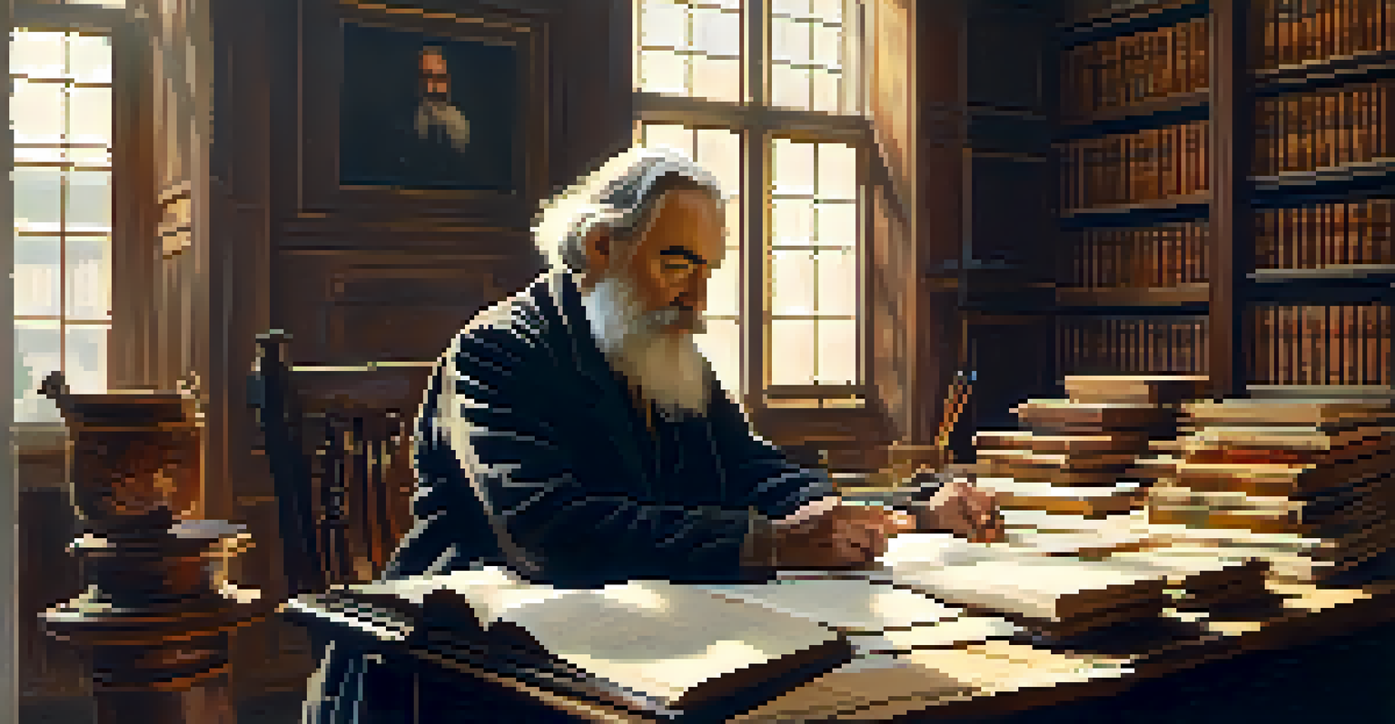 Walt Whitman at a wooden desk, writing with a quill in a cozy, book-filled room illuminated by golden light.