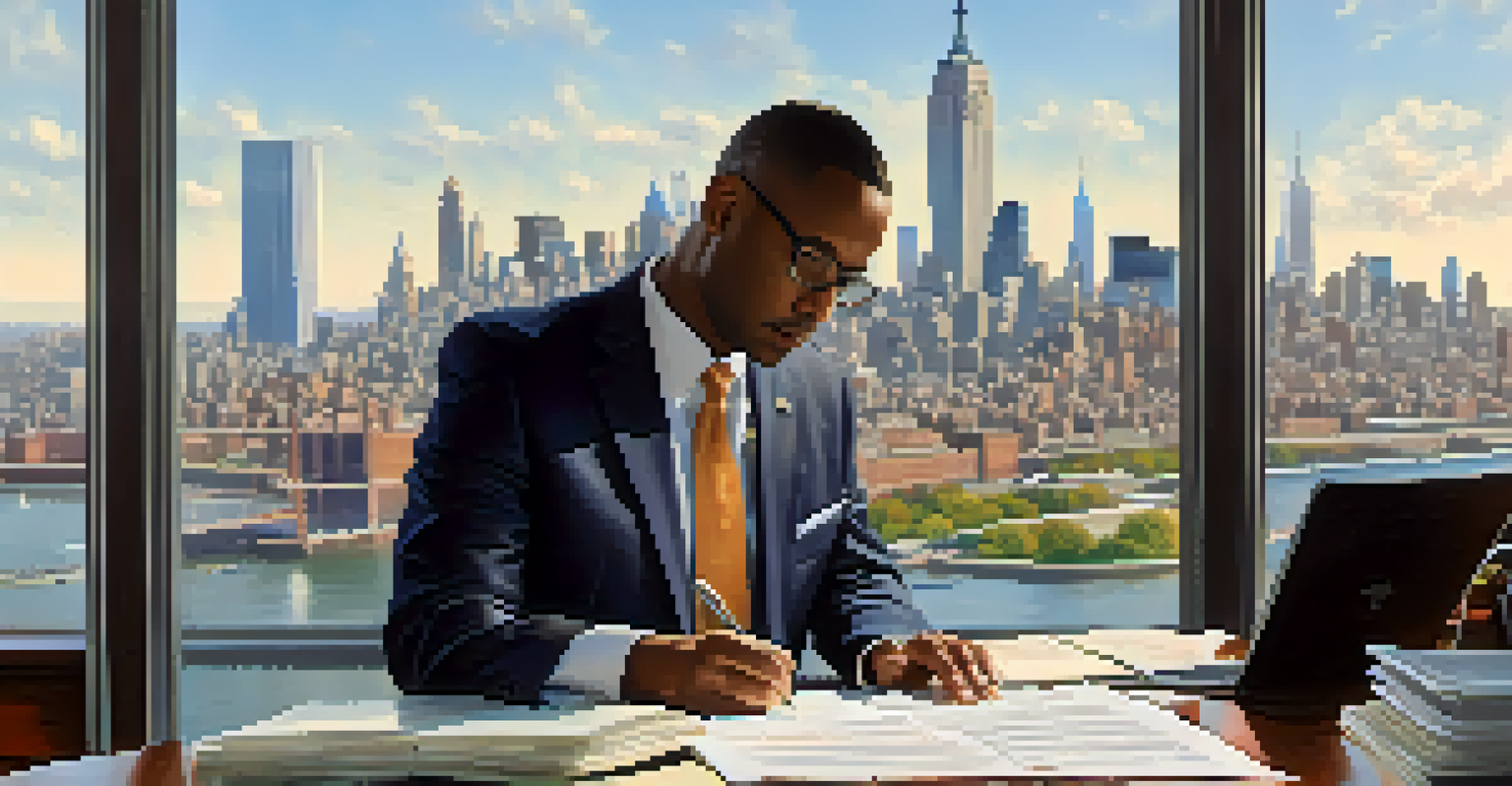 A City Council member at a desk reviewing legislation documents, surrounded by notes and a laptop, in an organized office with a view of the New York City skyline and soft natural light coming through the window.
