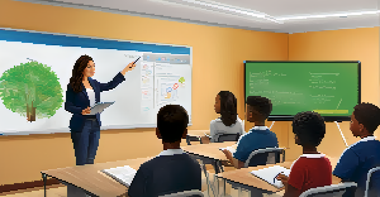 A teacher using a digital whiteboard in a modern classroom while students attentively listen and take notes.