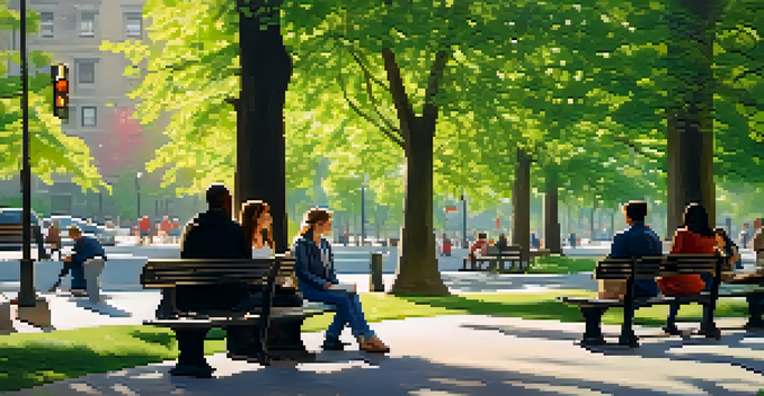A peaceful urban park scene in NYC with people engaging in conversation and reading, surrounded by nature.