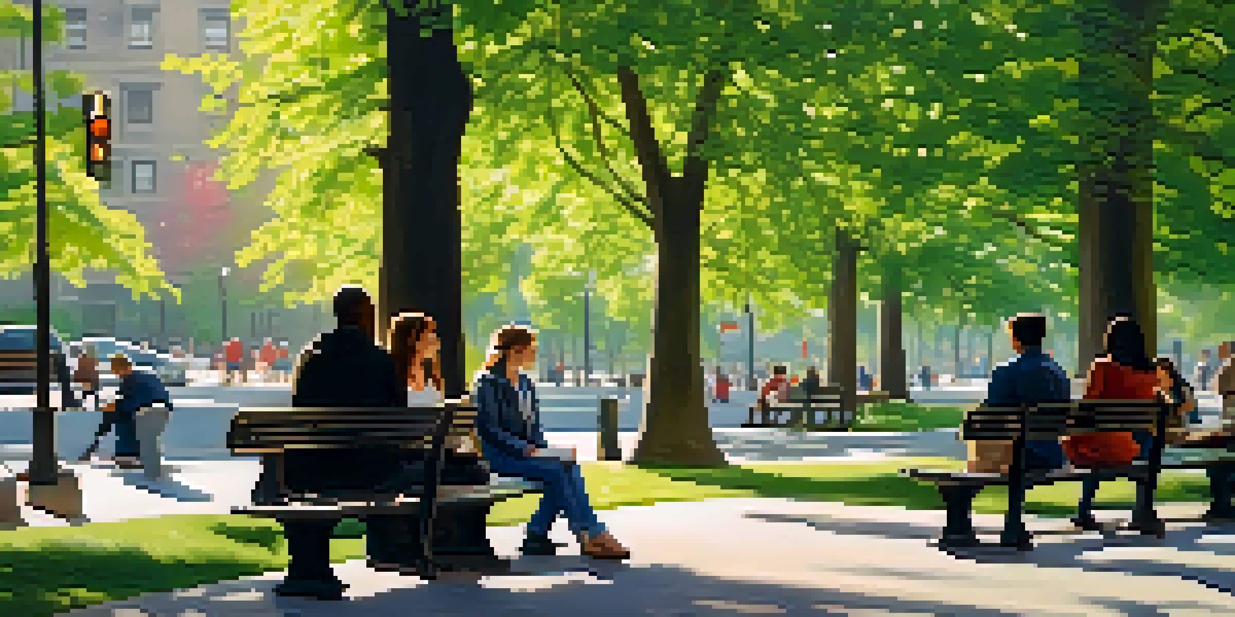 A peaceful urban park scene in NYC with people engaging in conversation and reading, surrounded by nature.