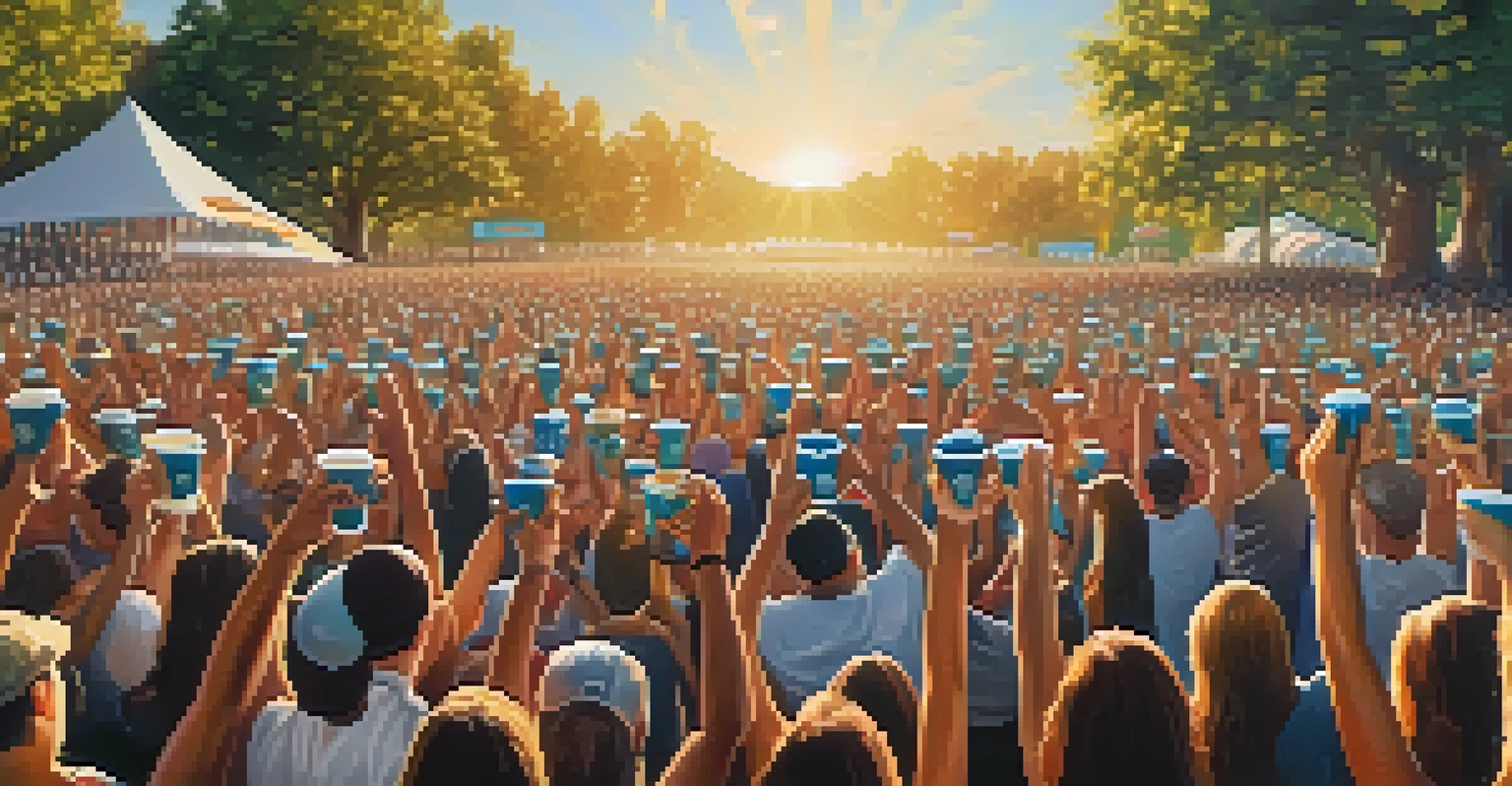 Close-up of hands holding reusable cups at a music festival with a performance in the background.