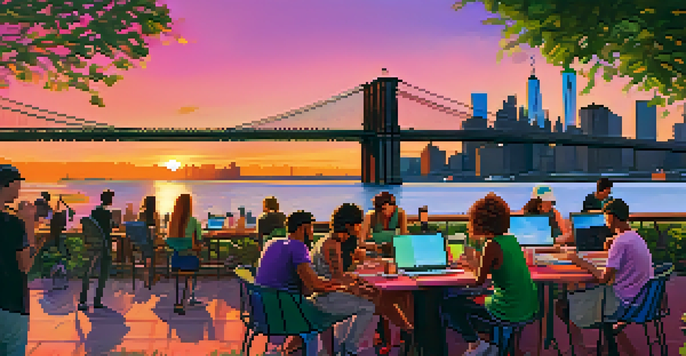 A scenic sunset view of the Brooklyn skyline with digital nomads working at an outdoor café.