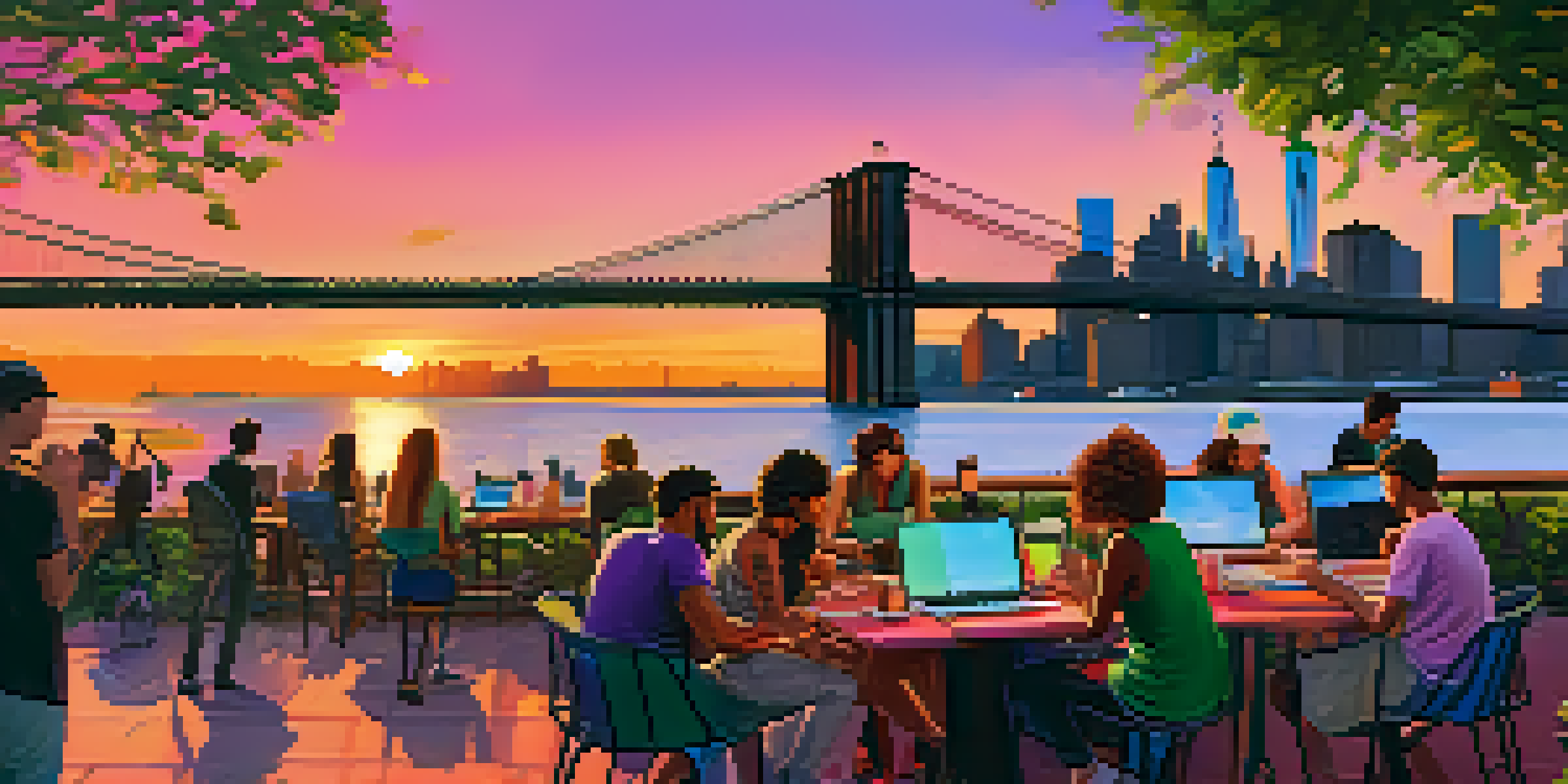 A scenic sunset view of the Brooklyn skyline with digital nomads working at an outdoor café.