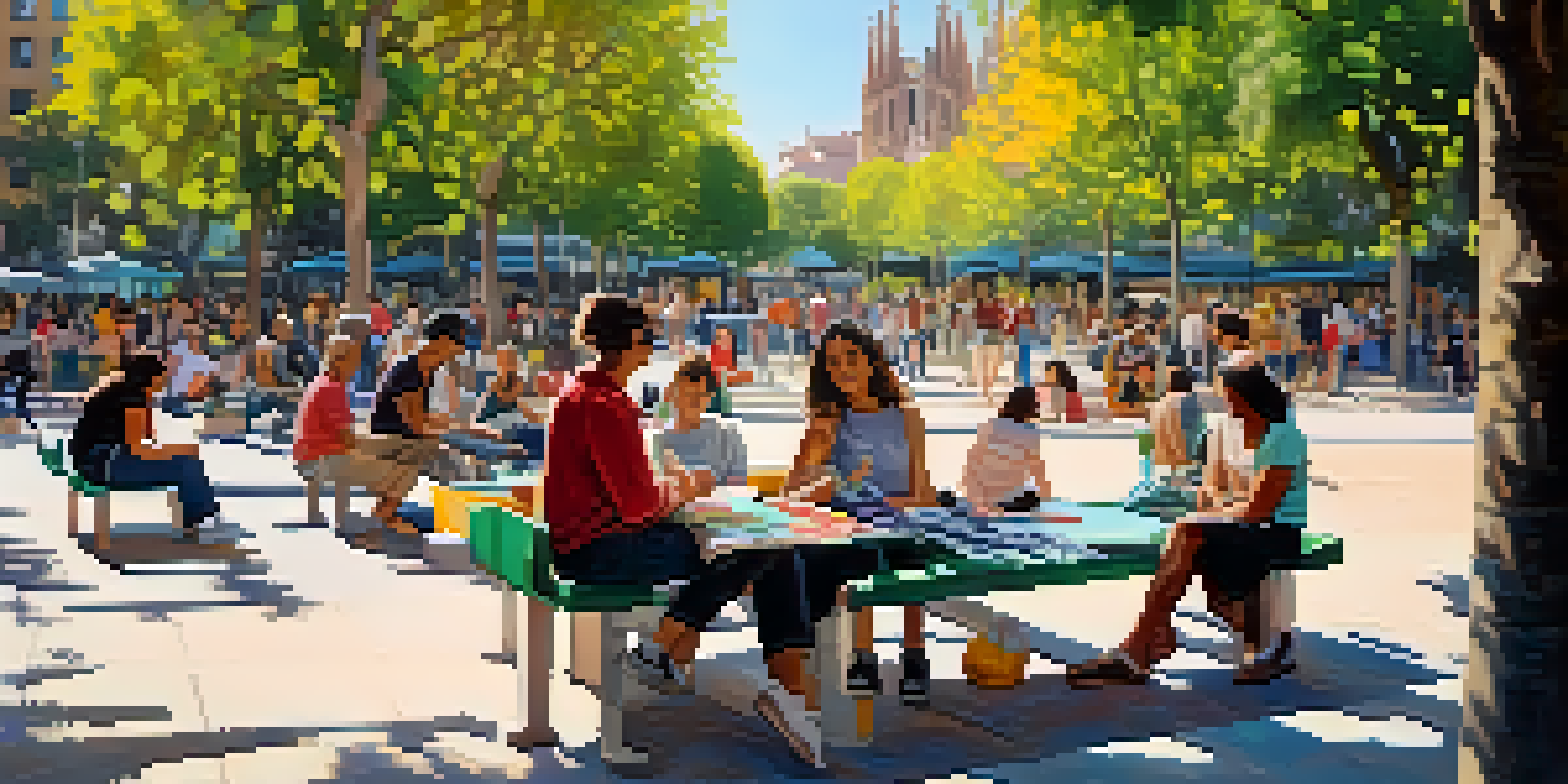A lively urban park in Barcelona with diverse residents discussing urban planning, surrounded by colorful flowers and modern art.